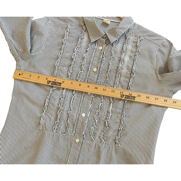 J.Crew Women’s Blue Striped Preppy Tuxedo Ruffle Front Button Down Shirt Blouse - Picture 9 of 10